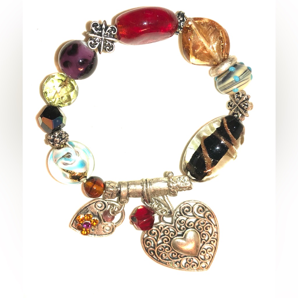 Vintage Silver Art Glass Charm Bracelet Heart Padlock Stretch Bangle Colorful 39$